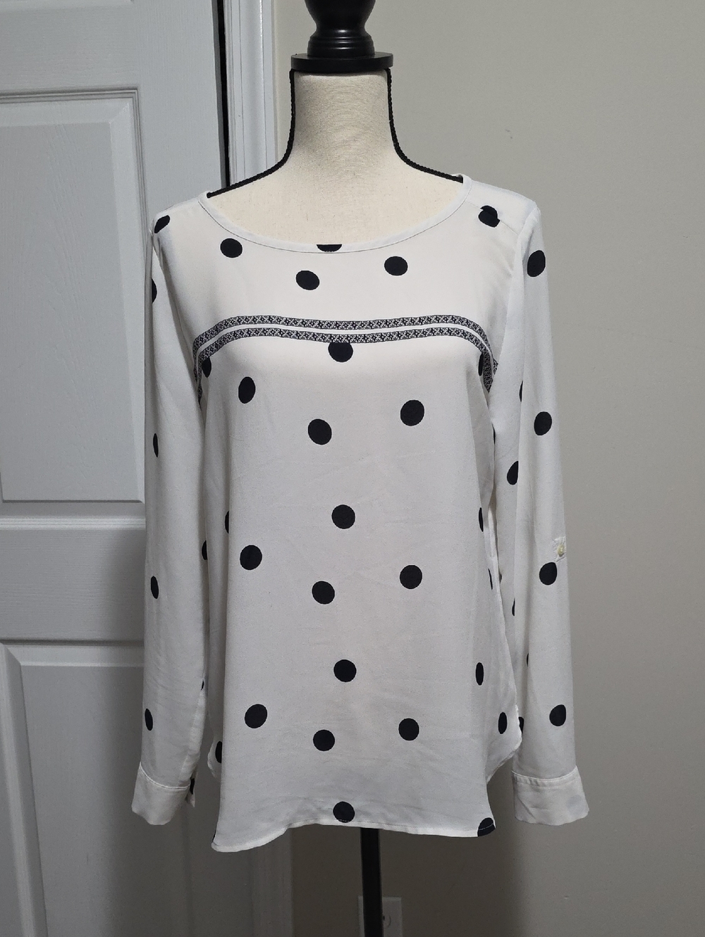 LOFT Ann Taylor Polka Dot Roll Tab Long Sleeve Blouse Shirt Top M